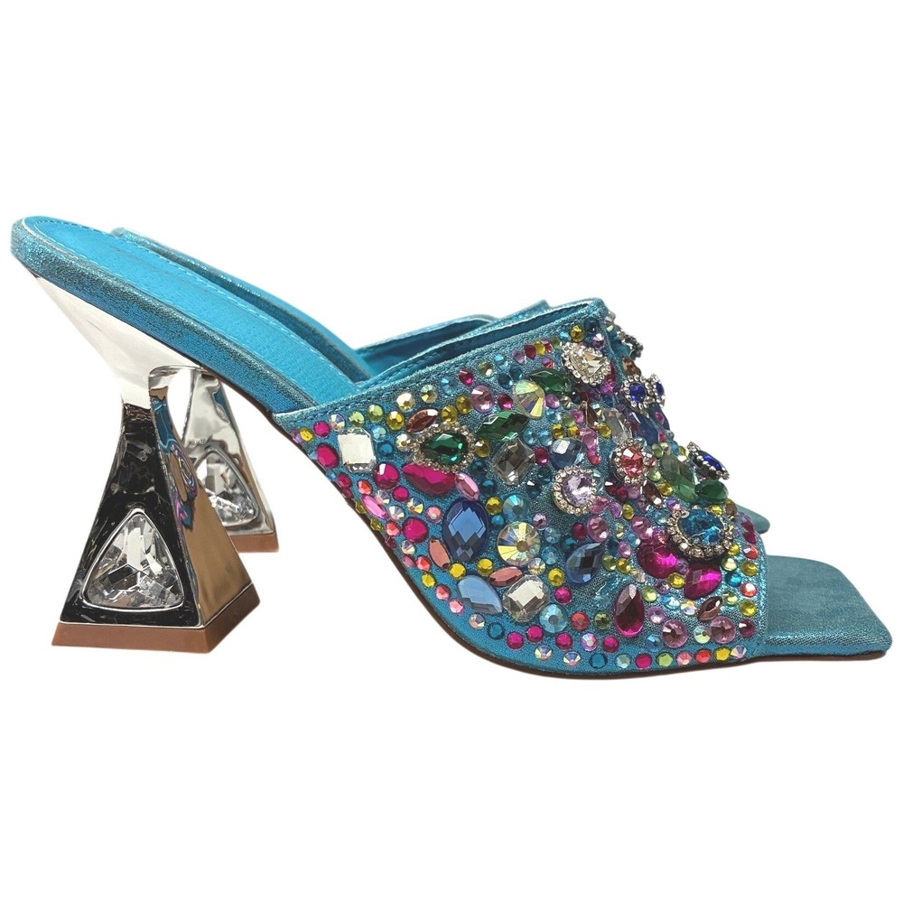 Azalea Wang Aquatina Embellished Slide Sandals Womens 6.5 Blue Rhinestone Party